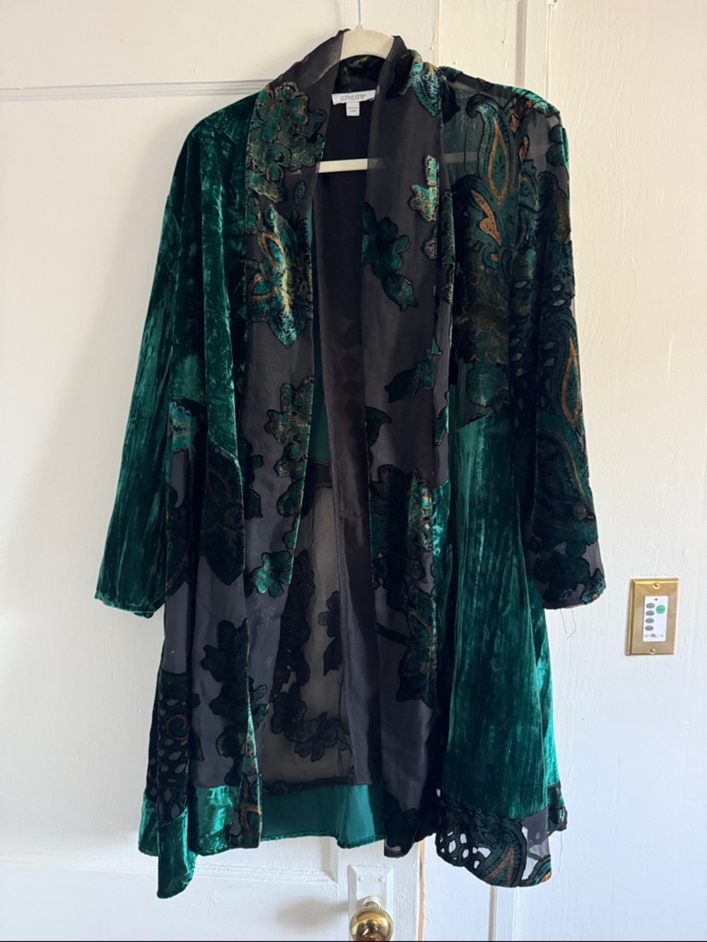Chicos Velvet Floral Kimono Robe - Emerald Green